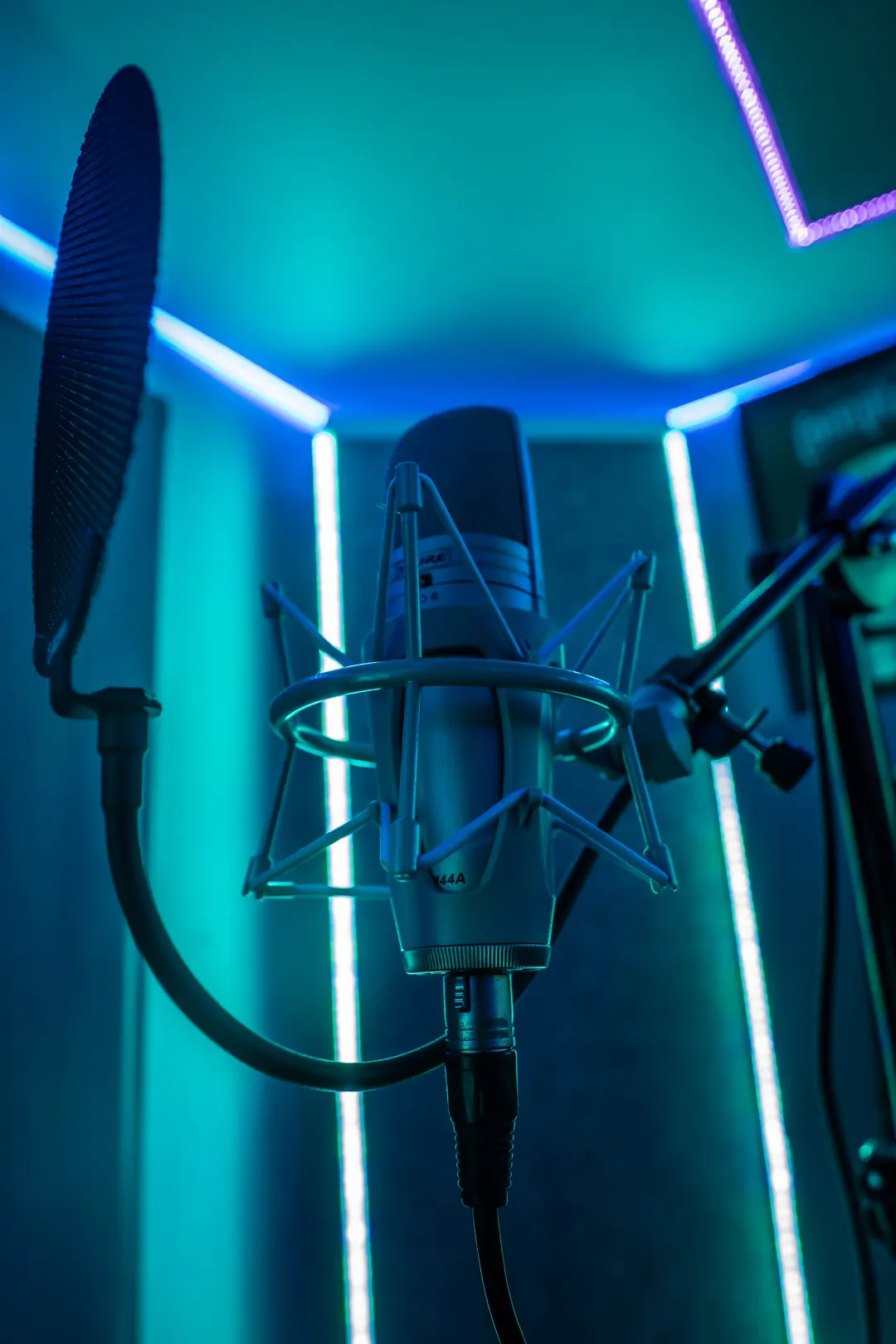 Shure KSM44A on its stand with a pop filter